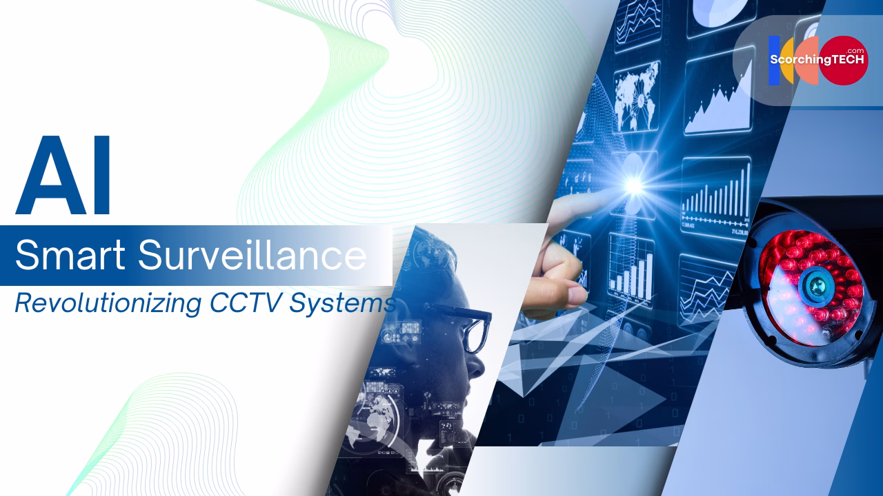 Modern CCTV camera with digital overlays showing facial recognition and motion tracking in a smart city environment.
