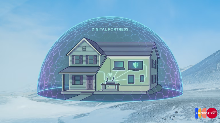 Illustration of a secure home network protected by a digital firewall and encryption
