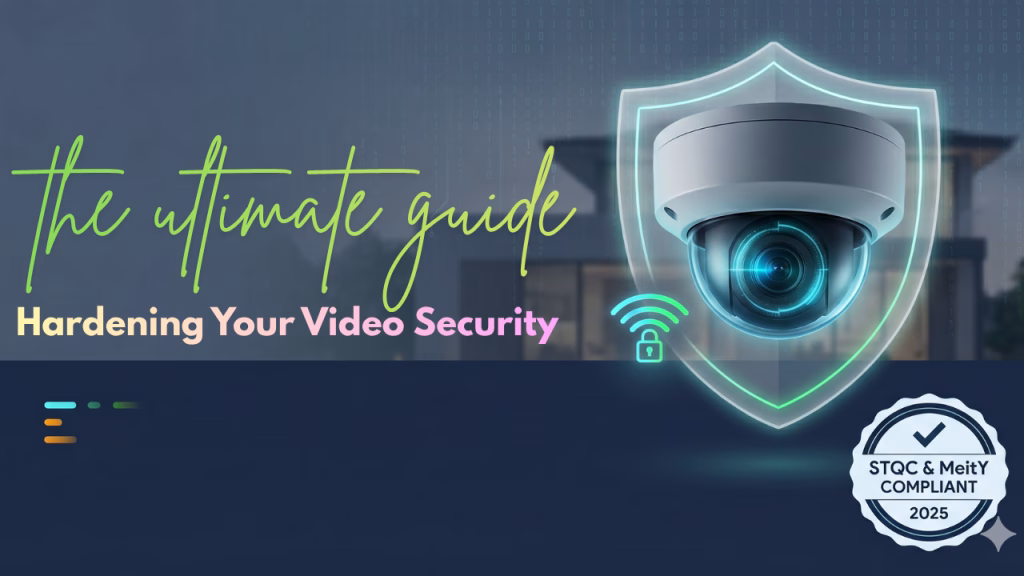 Detailed 3D render of a secure IP camera with a digital shield and STQC MeitY 2025 compliance badge, representing hardened surveillance security in India.