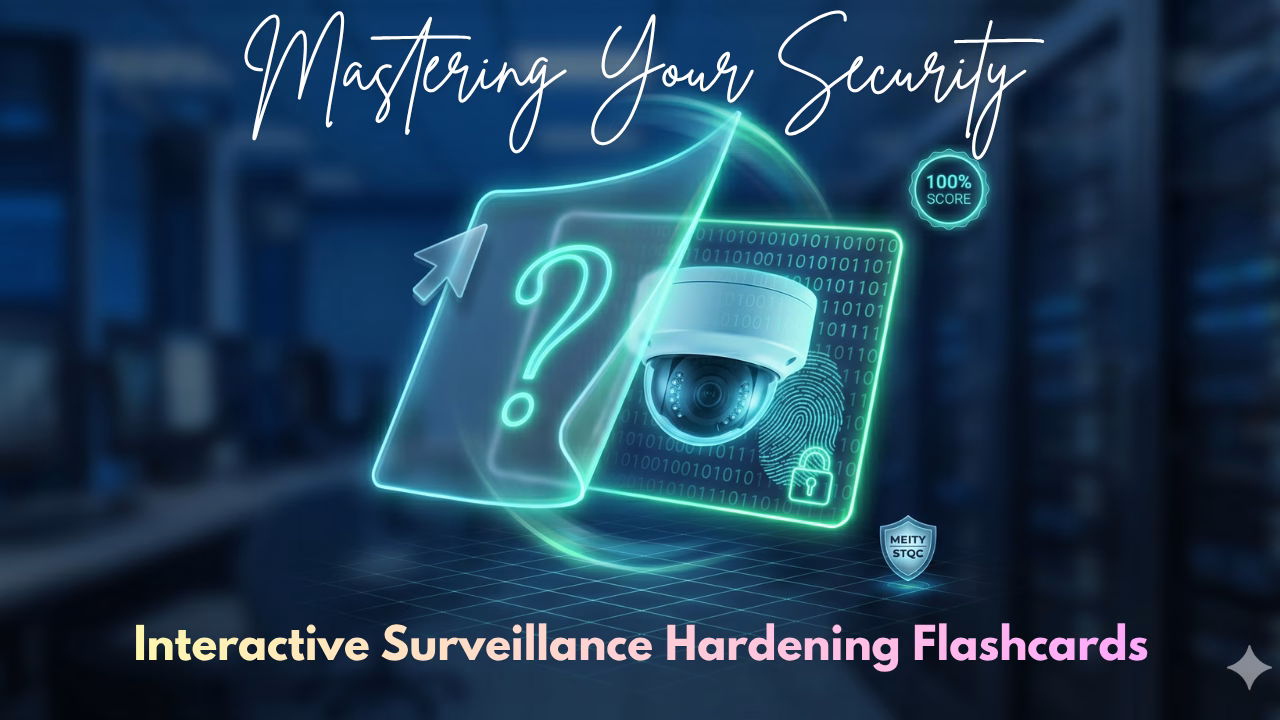Holographic digital flashcard flipping to reveal a security camera, representing interactive learning for CCTV network hardening and cybersecurity.