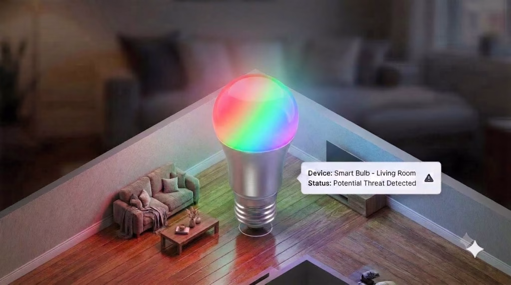 Secure Smart Home- Conceptual illustration of a smart lightbulb acting as a trojan horse for network hackers