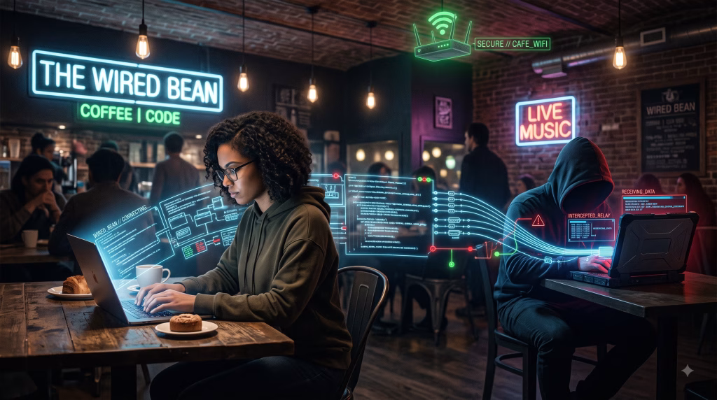 Man-in-the-Middle attack Illustration of a hacker intercepting public Wi-Fi traffic in a coffee shop